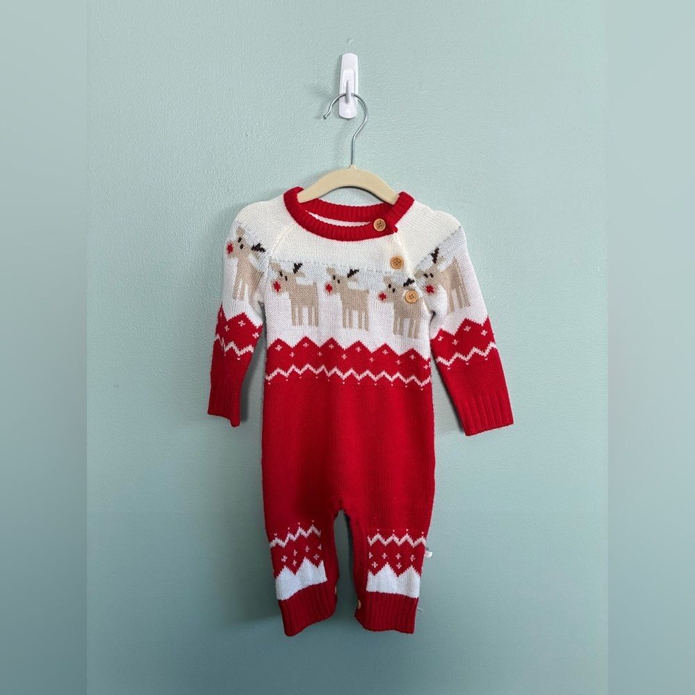 Red and White Reindeer Christmas Baby Sweater One Piece 12 months
